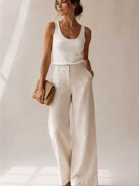Natural Beige Wide-Leg Linen-Blend Pants